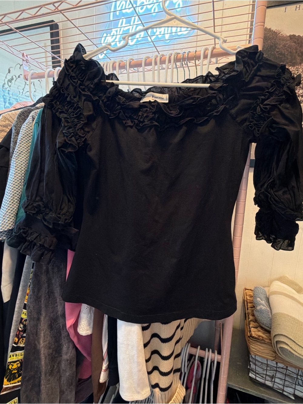 Anne Fontaine Black Ruffled Off-Shoulder Blouse